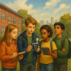 Students outdoors using an air quality sensor, taking notes and observing environmental conditions near their school building