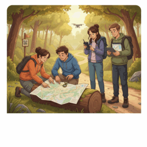 Students on an outdoor cartography and GIS peddy paper adventure, reading maps and using GPS devices to locate checkpoints