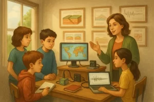 Students learning about seismic waves and tectonic plates in a classroom using maps, sensors, and a live seismograph on a laptop