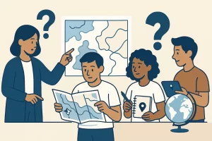 Students and a teacher exploring maps, globes, and spatial concepts in a classroom environment, using paper maps, digital tools, and visual representations to question and create hypotheses about spatial information