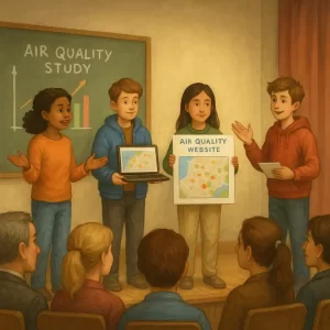 Students presenting air quality research results in a school auditorium, showing digital maps, posters, and visual data to an engaged audience