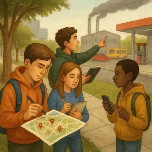Students outdoors mapping potential air pollution sources such as traffic, factory smoke, and gas stations using paper maps, tablets, and smartphones
