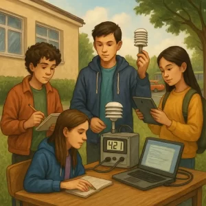 Students building and operating a small air quality monitoring station outdoors, recording CO2 data and environmental observations using notebooks, tablets, and sensors