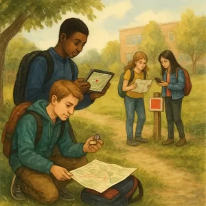 Students participating in an outdoor Cartography and GIS Peddy Paper activity, using printed maps, a compass, a tablet with GPS navigation, and a smartphone near a checkpoint marker in a natural environment