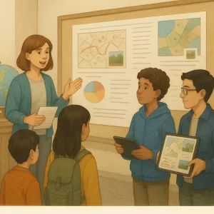 Students presenting maps and spatial analysis in a classroom setting, showcasing paper maps, digital maps, and geographic visualizations during a spatial exhibition